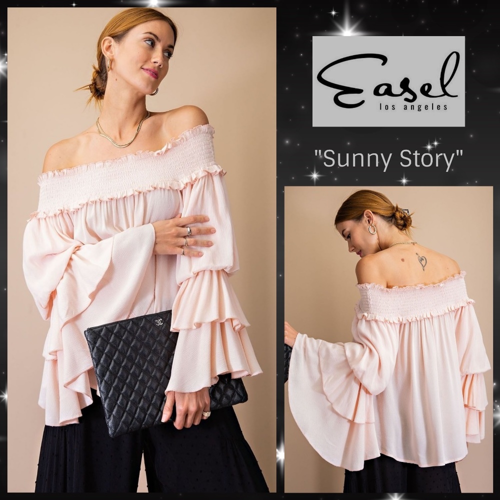 EASEL “Sunny Story” Smocked Off Shoulder Lightweight Top Ruffled Neck & Sleeves